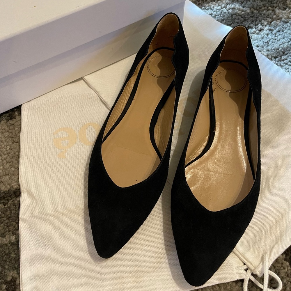 Chloé Lauren Black Suede Scalloped Flats 39.5